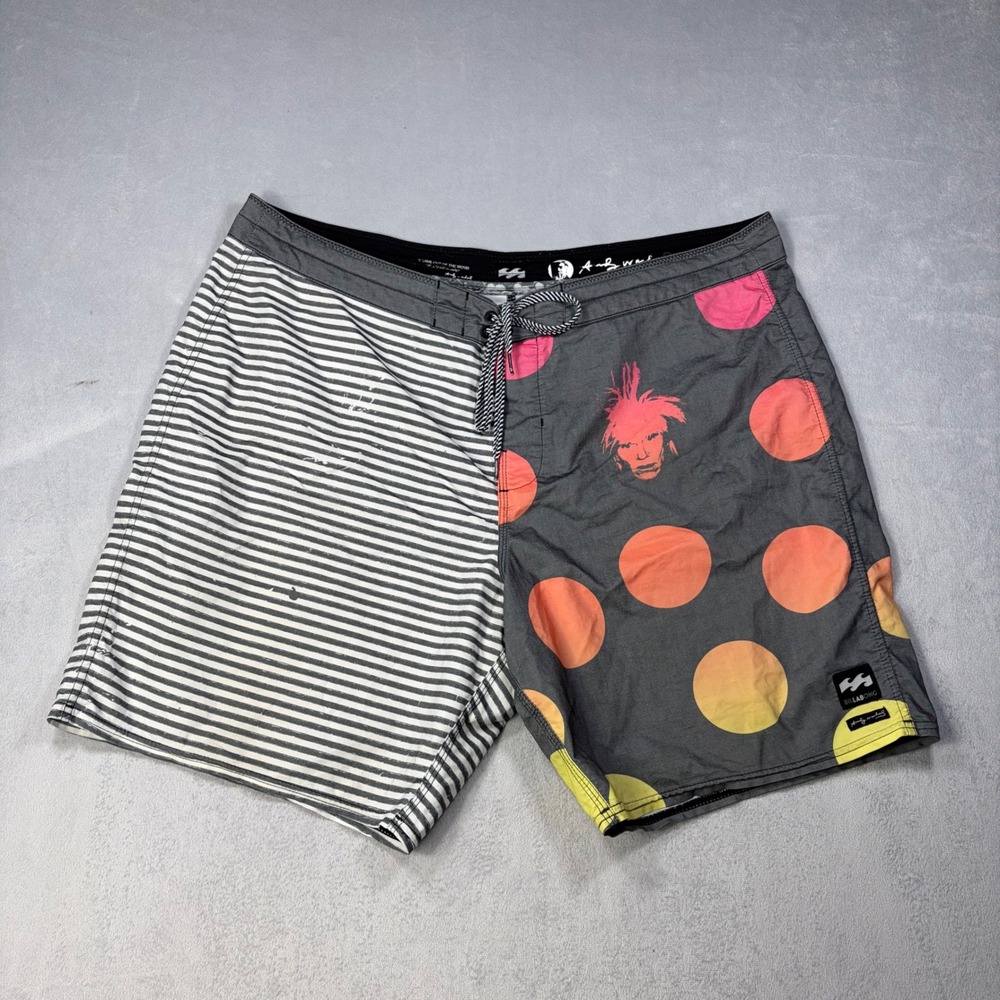 Billabong Andy Warhol Board Shorts Mens 38 Gray Pink Polka Dot Striped Trunks